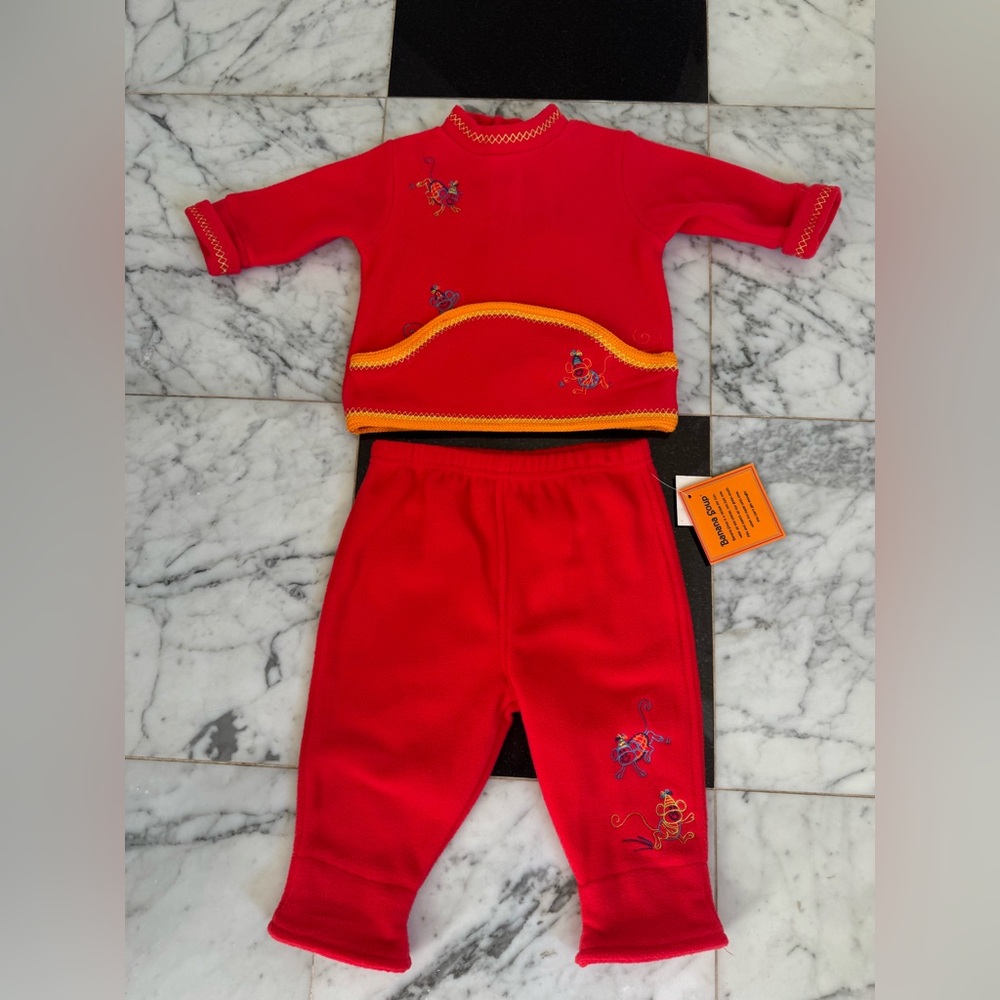 NWT Vintage 2 Piece Fleece Set 3-6 mo New-Old Monkey Embroidery Circus Colorful